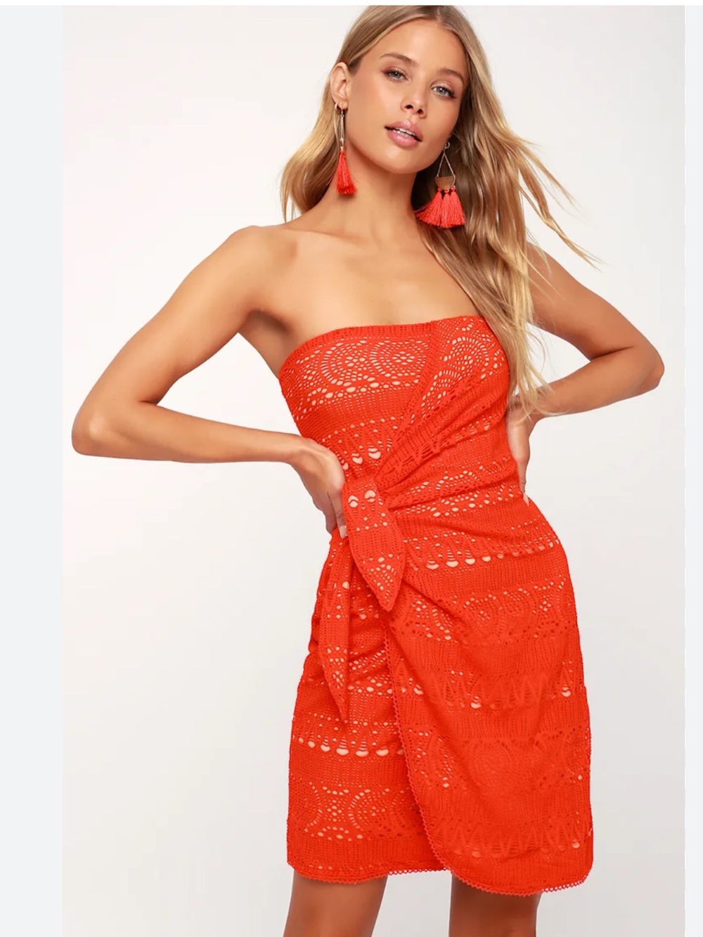 Free People Oceanside Strapless Crochet Mini Dress Red Wrap Size Small Vacation